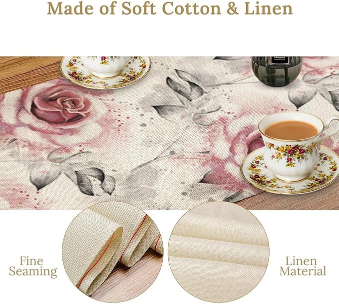 Pink Rose Floral Table Runner,Abstract Watercolor Flower Pattern Modern Romantic Kitchen Dining Table Decoration for Wedding Holiday Home Party 13x120in