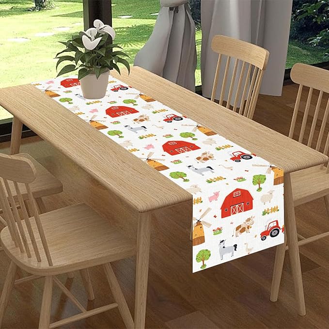 Farm Animals Table Runner, Rustic Farmhouse Cow Pig Rooster Watercolor Coffee Table Center Decor for Home Kitchen Dining Patio Holiday Party Indoor Outdoor Table Decorations, 13"x72" Inch