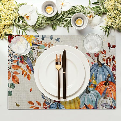Giwawa Fall Thanksgiving Placemats Set of 4 Watercolor Autumn Pumpkins Floral Linen Table Mats 12x18 Inch Washable Heat Resistance for Kitchen Dining Farmhouse Holiday Decor