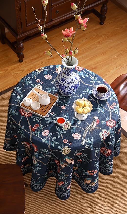 patdrea Designer Vintage Dark Blue Linen Round Tablecloth,Navy French Floral and Birds Pattern Table Cloth,Decoration Table Cover for Kitchen,Dining,Tea Party,Home,Christmas,Diameter 55"