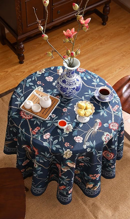 patdrea Designer Dark Blue Linen Round Tablecloth,Vintage Navy French Floral and Birds Pattern Table Cloth,Decoration Table Cover for Kitchen,Dining,Tea Party,Home,Christmas,Diameter 67"