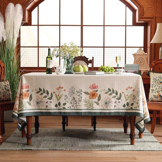 Beige Linen Rectangle Tablecloth,Vintage French Shabby Chic Floral Wrinkle Free Table Cloth,Decor Table Cover for Kitchen,Dining,Party,Home,Christmas,Thanksgiving,55"*79"-Manolya