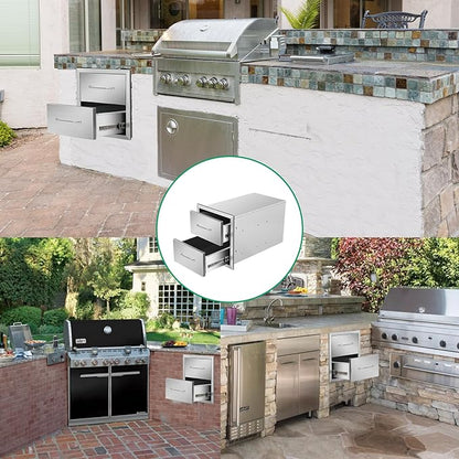 Outdoor Kitchen Drawers 14" W x 15" H x 23" D Stainless Steel Double Drawers with Ergonomic Handle for BBQ Island, Patio Grill Station & Outdoor Kitchen Cabinets