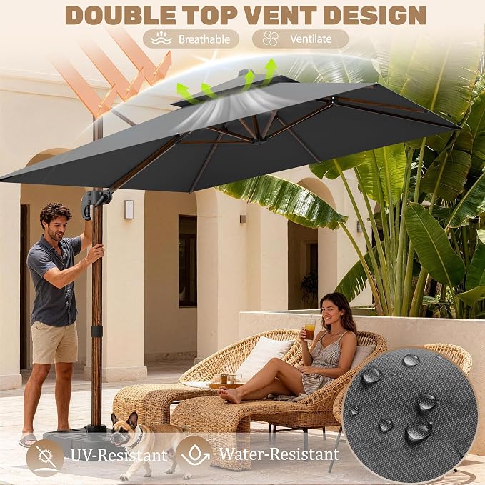 10x13FT Cantilever Outdoor Patio Umbrellas, Double Top Wood Pattern Rectangle - Image 3