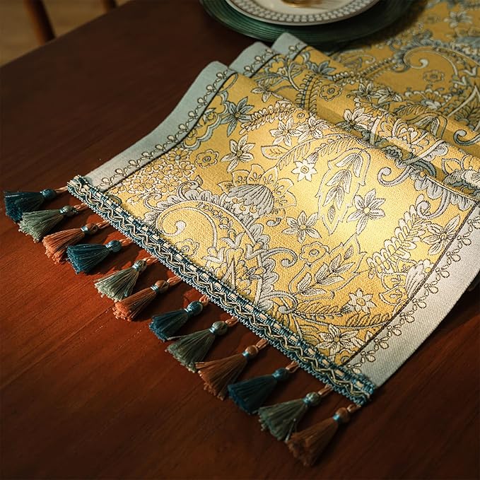 13×72 Inch Table Runner, Retro-Luxury Tassels Series for Kitchen Dining Table Holiday Decoration (Yellow Pheonix)
