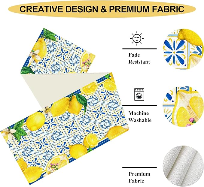 Lemon Table Runner, Blue Tile Yellow Vintage Moroccan Summer Seasonal Fresh Fruits Coffee Cafe Vintage Table Center Decor for Home Kitchen Dining Party Patio Indoor Outdoor, 13"x108" Inch