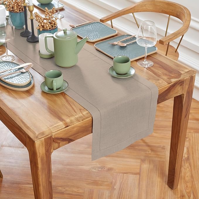 Solino Home Linen Natural Table Runner 72 Inches Long - 100% Pure Linen Medium Weight Hemstitch Table Runner 14 x 72 Inch for Dresser, Dining, Spring, Easter