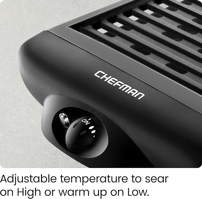 Chefman Electric Smokeless Indoor Grill w/ Non-Stick Cooking Surface & Adjustable Temperature Knob from Warm to Sear for Customized BBQing, Dishwasher Safe Removable Water Tray, Black