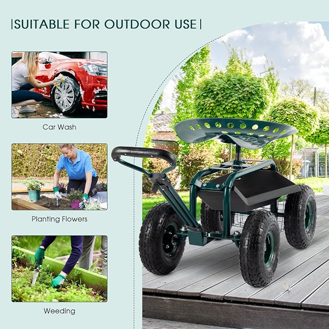 Garden Cart with Workseat Outdoor Gardening Carts with Seat, Heavy Duty Rolling - Image 7