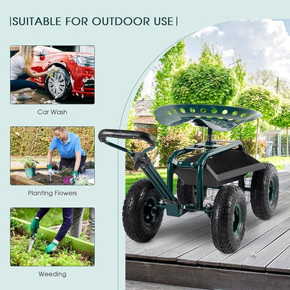 Garden Cart with Workseat Outdoor Gardening Carts with Seat, Heavy Duty Rolling - Image 7