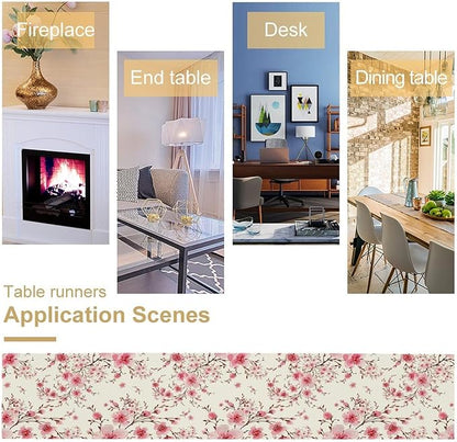 Cherry Flower Table Runner, Seasonal Spring Cherry Blossoms Branches Watercolor Floral Print Table Cover for Kitchen Dining Table Indoor Outdoor Party Decor, 13x120inch