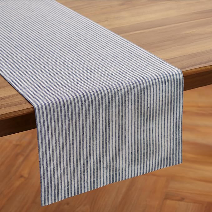 Solino Home Linen Table Runner 36 Inches - Narrow Stripe 100% Pure Linen Navy and White Table Runner 14 x 36 Inch Ideal for Dresser and Coffee Tables - Winter, Spring, Easter