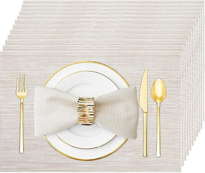 Placemats Set of 12 Washable&Wipeable Place mats for Dining Table Kitchen Indoor Outdoor Table Mats Heat Resistant Non Slip Woven Vinyl Table Placemats (Beige，12PCS)