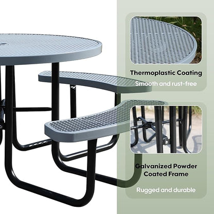 46'' Round Metal Picnic Table for Outdoors, Commercial Steel Metal Picnic Tables, Heavy Duty Sturdy Picnic Tables Furniture Set for Patio Garden Courtyard BBQ, with Umbrella Hole, Grey