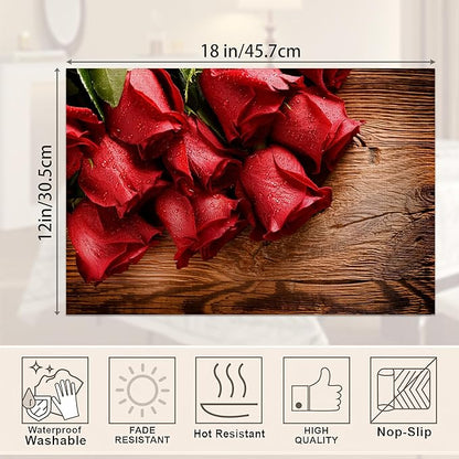 Vintage Wood Panel Red Rose Placemats Set of 6,Valentine's Day Place Mats Heat Resistant Washable Non-Slip Table Mats for Party Kitchen Dining Decor 12x18 Inch