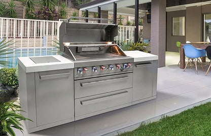 Mont Alpi MAi805 6-Burner 115000 BTU 44-inch Original Series Stainless Steel Outdoor Kitchen Modular Island Gas Grill + Infrared Side & Rear Burners + Granite Countertops + Storage Cabinets & Drawers