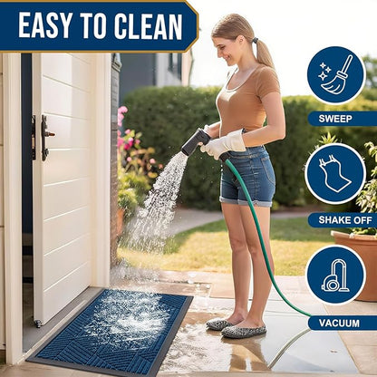Smiry Front Door Mat Outside Entrance, Heavy Duty Sturdy Natural Rubber Doormat, Trap Dirt and Moisture, Easy Clean Low Profile Mats for Indoor Outdoor Entry, Irregular Triangle (36x24, Medium Blue)