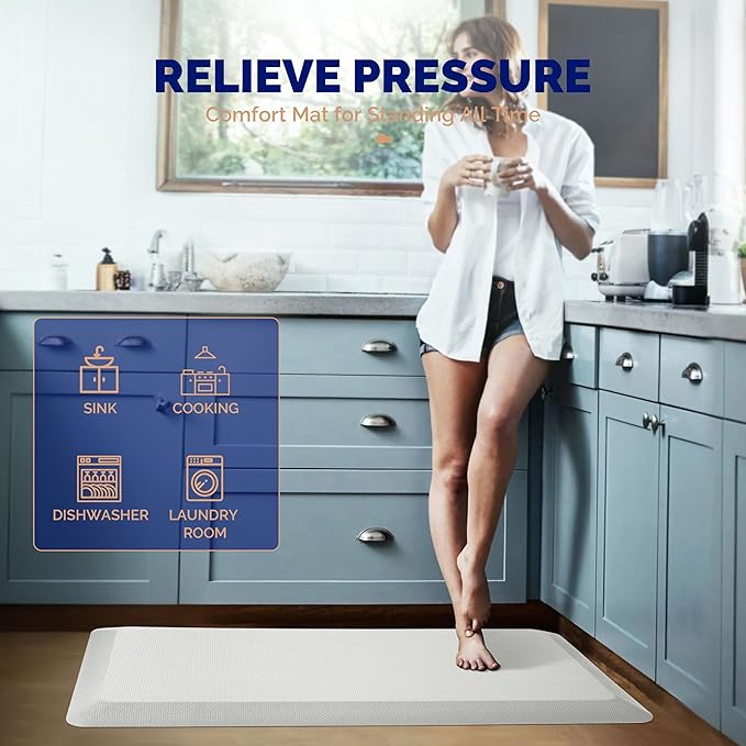 FEATOL Anti Fatigue Mats for Standing, 9/10 Extra Thick Ergonomic Standing Desk Mat, Comfort & Durable Memory Foam Standing Mat at Home,Office All Day (17" x 24", White, 1PC)