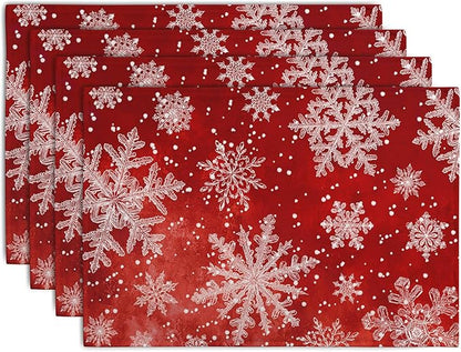 Red Snowflake Xmas Placemats Set of 4 Merry Christmas Snowflakes Linen Fabric Table Mats Seasonal Winter Holiday Washable Place Mats for Party Kitchen Dining Outdoor Indoor Decor