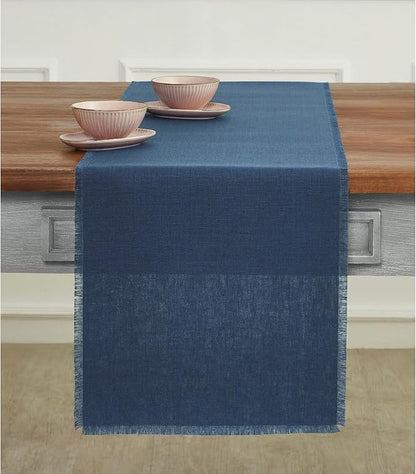 Solino Home Linen Fringe Table Runner 72 Inches Long - 100% Pure Linen Vintage Blue Table Runner 14 x 72 Inch for Winter, Spring, Easter