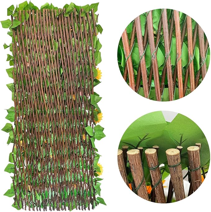 Expandable Fence Privacy Screen for Balcony Patio Outdoor,Decorative Faux Ivy Fencing Panel,Artificial Hedges (Single Sided Leaves) (4, Sunflowers)