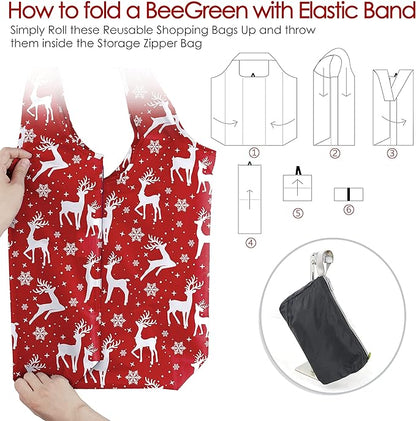 BeeGreen Christmas Reusable Shopping Bags 12 Pack with Zipper Storage Pouch Christmas Gifts Grocery Bags Bulk with Elastic Band 50LBS X-Large Foldable Machine Washable Santa Deer Snowman