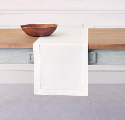 Solino Home White Table Runner 48 Inches - Cotton Linen Hemstitch Coffee Table Runner 14 x 48 Inch Ideal for Dresser Tables - Winter, Valentines, Spring, Easter
