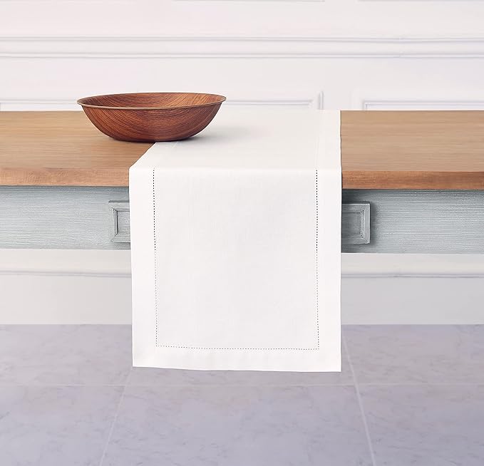 Solino Home White Table Runner 156 Inches Long - Cotton Linen Hemstitch Extra Long Table Runner 14 x 156 Inch for Winter, Valentines, Spring, Easter
