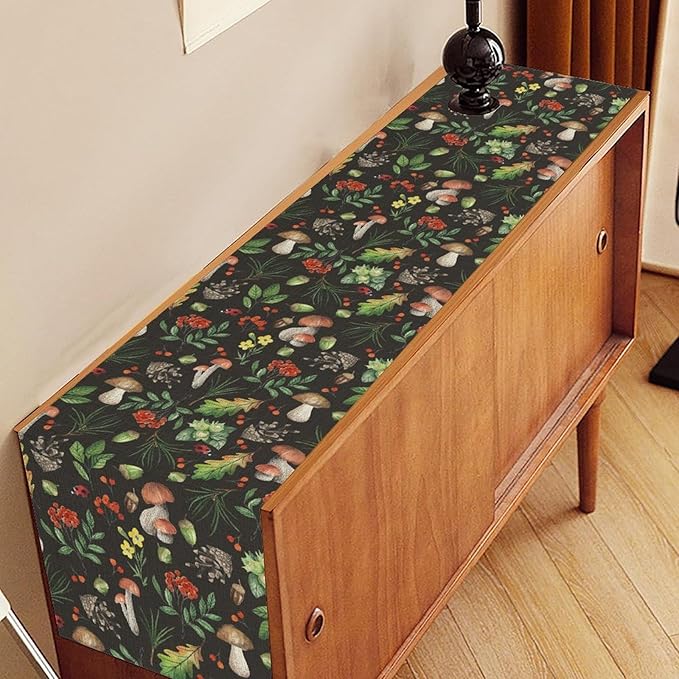 Mushroom Table Runner, Rustic Farmhouse Forest Plants Botanical Wild Floral Coffee Table Center Decor for Home Kitchen Dining Patio Holiday Party Indoor Outdoor Table Decorations, 13"x72" Inch