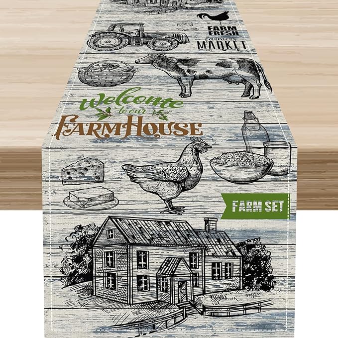 Farmhouse Cow Table Runner, Retro Rustic Country Barn Cottage Rooster Cow Animal Plank Coffee Table Center Decor for Home Kitchen Dining Patio Holiday Party Indoor Outdoor Table Decorations 13"x90"