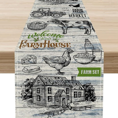 Farmhouse Cow Table Runner, Retro Rustic Country Barn Cottage Rooster Cow Animal Plank Coffee Table Center Decor for Home Kitchen Dining Patio Holiday Party Indoor Outdoor Table Decorations 13"x90"