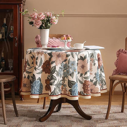Designer French Linen Tablecloth for Round Table,Red and Blue Floral Rustic Durable Tablecloths,Decor Table Cover for Kitchen,Dining,Thanksgiving,Farmhouse,Diameter 67"-Burgundyred
