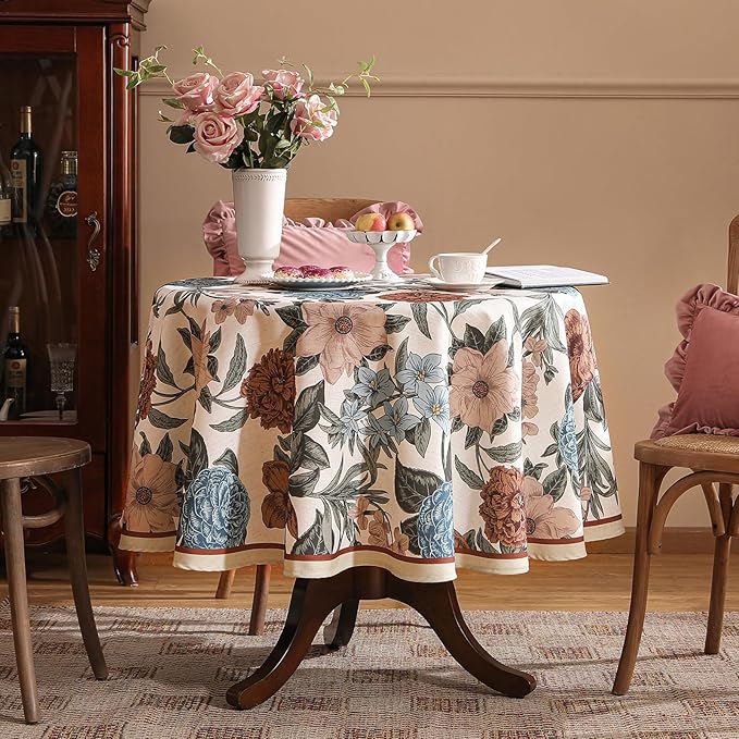 Designer French Linen Small Tablecloth for Round Table,Red and Blue Floral Durable Tablecloths,Decor Table Cover for Kitchen,Dining,Thanksgiving,Farmhouse,Diameter 55"-Burgundyred