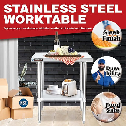 DuraSteel 30x72 Stainless Steel Prep Table - NSF Commercial Kitchen Metal Worktable - Large Laboratory Benches with Under Shelf - For Laundry Room, Kitchen, Garage, Restaurant