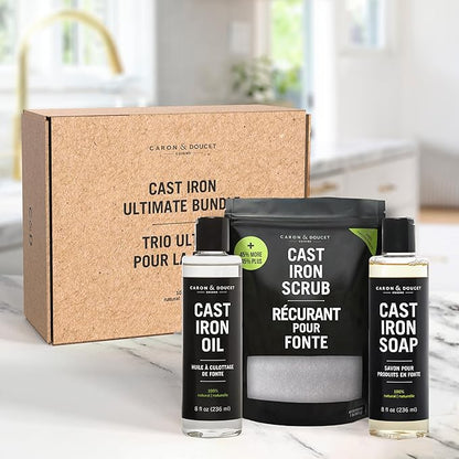 CARON & DOUCET – New Ultimate Cast Iron Set: Seasoning Oil, Cleaning Soap & Restoring Scrub | 100% Plant-Based & Best for Cleaning Care, Washing, Restoring & Seasoning Skillets, Pans & Grills!