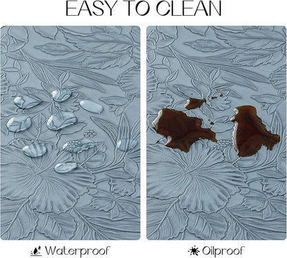 Romanstile Vinyl Placemats Set of 8-12 X 18 Inch - Heat Resistant Non-Slip Embossed Floral Place Mats 100% Waterproof Oilproof Wipeable Faux Leather Table Mats for Kitchen/Dining/Party, SkyBlue