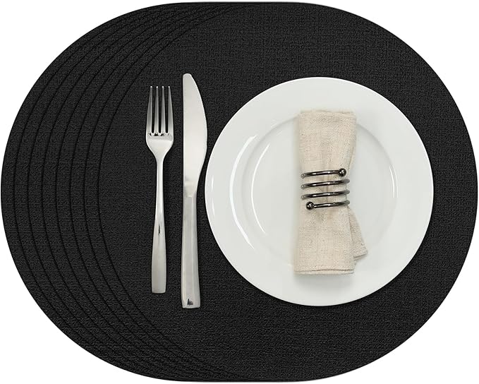 Myir JUN Round Placemats Dual Sided, Faux Leather Place Mats Set of 4 Indoor Placemats for Dining Table Outdoor Placemats Non-Slip Washable Table Mats (Set of 8, Black)
