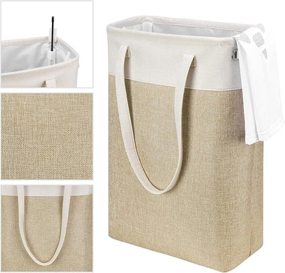 Laundry Hampers 15.2Lx7.5Wx23H Small&Tall Slim Fabric Laundry Baskets Thin Narrow Beige+Khaki Compact Hamper Capacity 43L for Space-Saving,QY-SC24-2