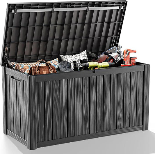 150 Gallon Outdoor Storage Box – Resin Deck Box with Lockable Lid, Waterproof Patio Furniture Storage for Tools, Garden & Yard Organization