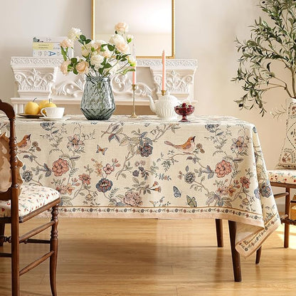 ISAENNE Designer French Light Beige Long Tablecloth Rectangle,Linen Florals and Birds Pattern Table Cloth,Anti-Wrinkle Decorative Tablecloths for Dining Thanksgiving Kitchen,63"*94"-Cornucopia
