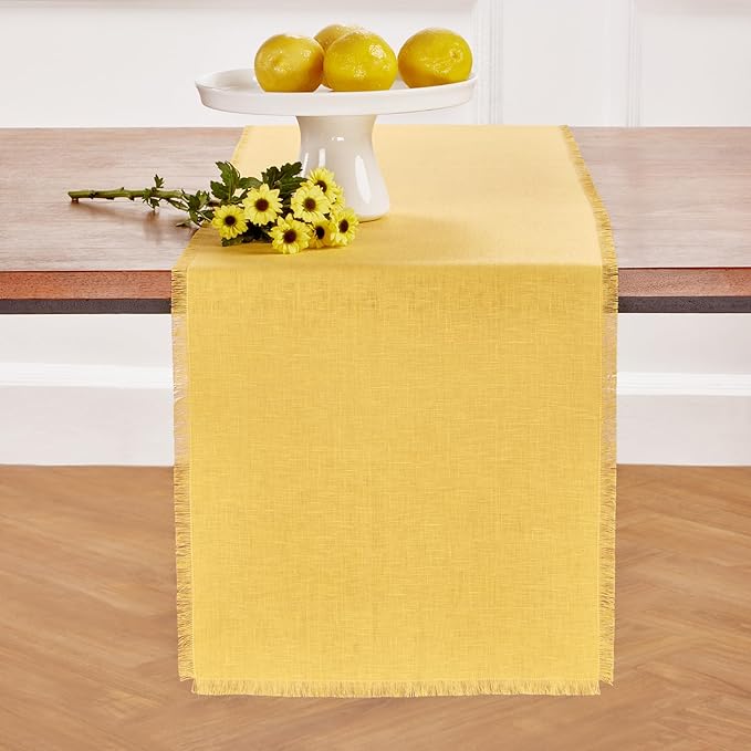 Solino Home Linen Fringe Table Runner 108 Inches Long - 100% Pure Linen Marigold Yellow Table Runner 14 x 108 Inch for Spring, Easter