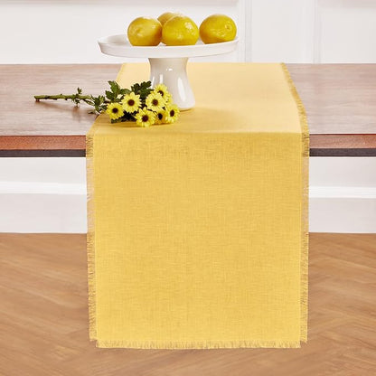 Solino Home Linen Fringe Table Runner 72 Inches Long - 100% Pure Linen Marigold Yellow Table Runner 14 x 72 Inch for Spring, Easter