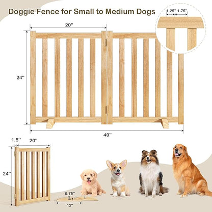 24" Height Tall Freestanding Pet Gate, Solid Wood Folding Safety Fence Wooden Dog Gate with 2 PCs Support Feet Ideal for Stairs, Doorways, Halls, Kitchens, Heavy Duty Gates, 2 Panels, Natural
