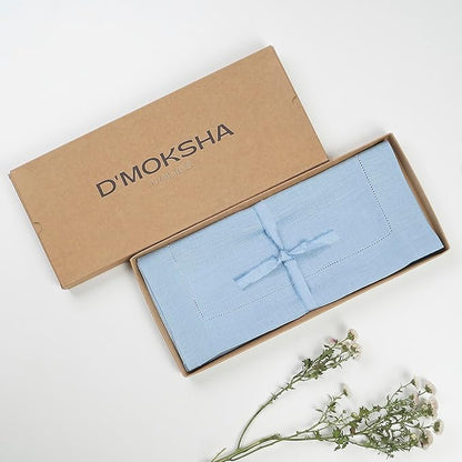 D'Moksha Homes Linen Powder Blue Table Runner 72 Inches Long - 100% Pure Linen Hemstitch Table Runner 14 x 72 Inch for Dresser, Dining, Spring, Easter - Classic Hemstitch