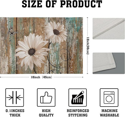 Giwawa Rustic Daisy Board Placemats- White Sunflowers on Vintage Wood Plank Linen Table Place Mat- Farmhouse Wooden Non-Slip Heat Resistant Table Mats for Dining Kitchen Cabin Lodge Decor