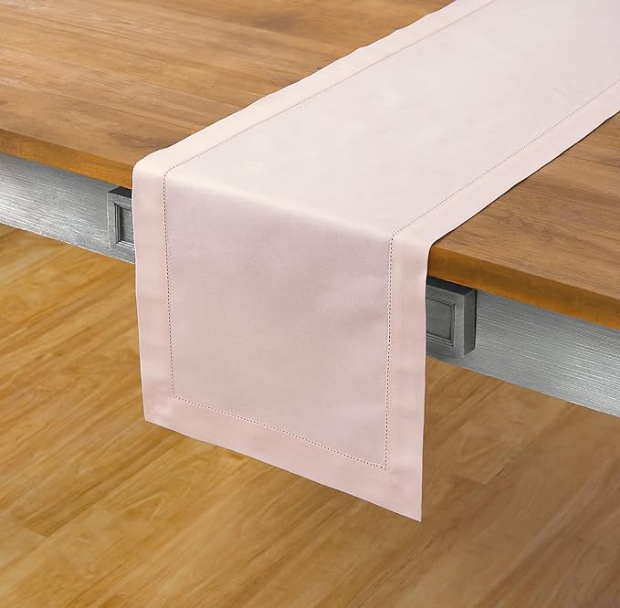 Solino Home Pink Table Runner 60 Inches - Cotton Linen Hemstitch Coffee Table Runner 14 x 60 Inch Ideal for Dresser Tables - Valentines, Spring, Easter