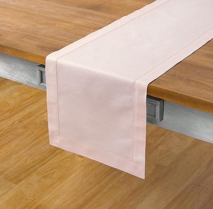 Solino Home Pink Hemstitch Table Runner 48 Inches - Cotton Linen Small Table Runner 14 x 48 Inch Ideal for Dresser and Coffee Tables - Valentines, Spring, Easter