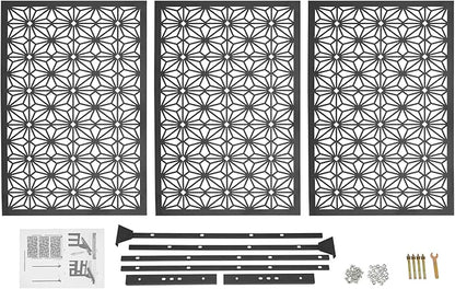 75" H×35" W Decorative Outdoor Privacy Screen with Stand, Outdoor Decor Privacy Fence Screen Metal Fence Panels, Free Standing Metal Divider for Patio Lawn Deck (Black-Small Snowflake)