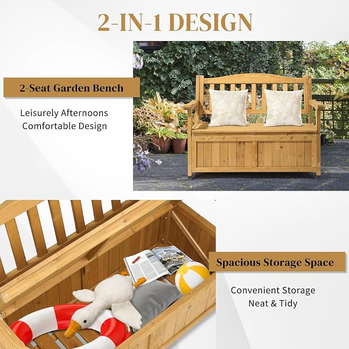 Outdoor Wood Storage Bench, Wooden Large Deck Box - Image 5