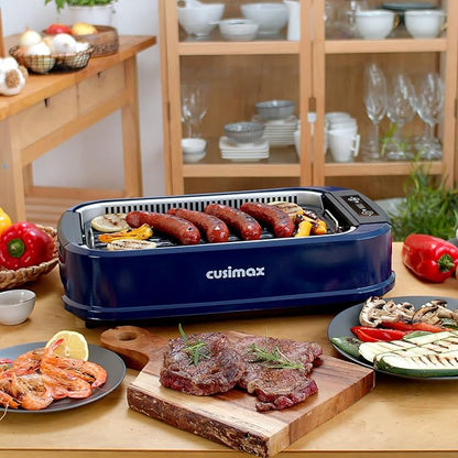 CUSIMAX Smokeless Grill, 1500W Electric Indoor Grill with LED Smart Display & Tempered Glass Lid, Non-stick Removable Plate, Blue